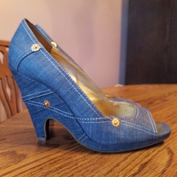 Miu Miu Shoes - Miu Miu vintage Prada Denim Peep toe Wedge Heels 8